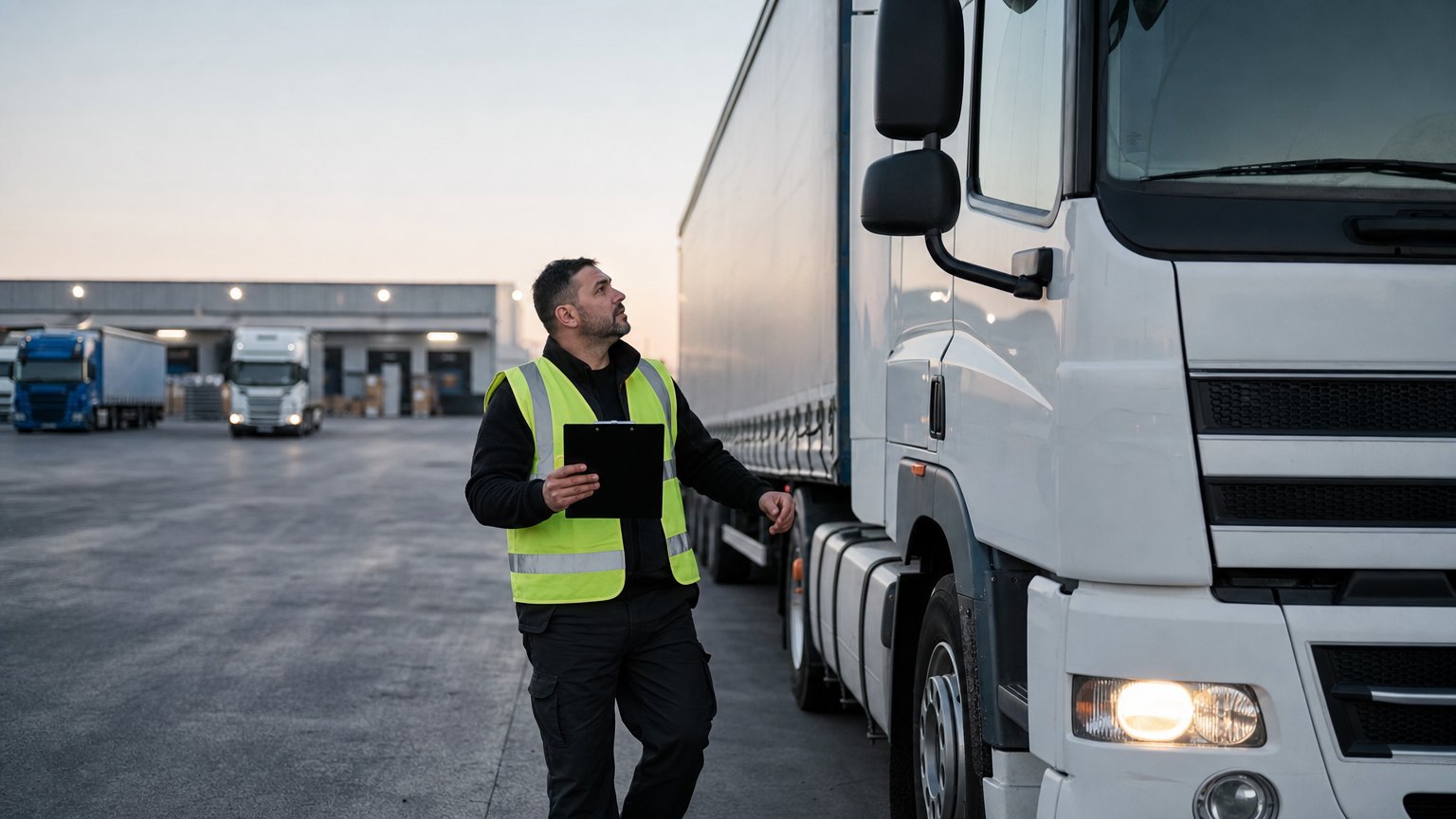 HGV driver completing a pre-shift vehicle check in a transport yard