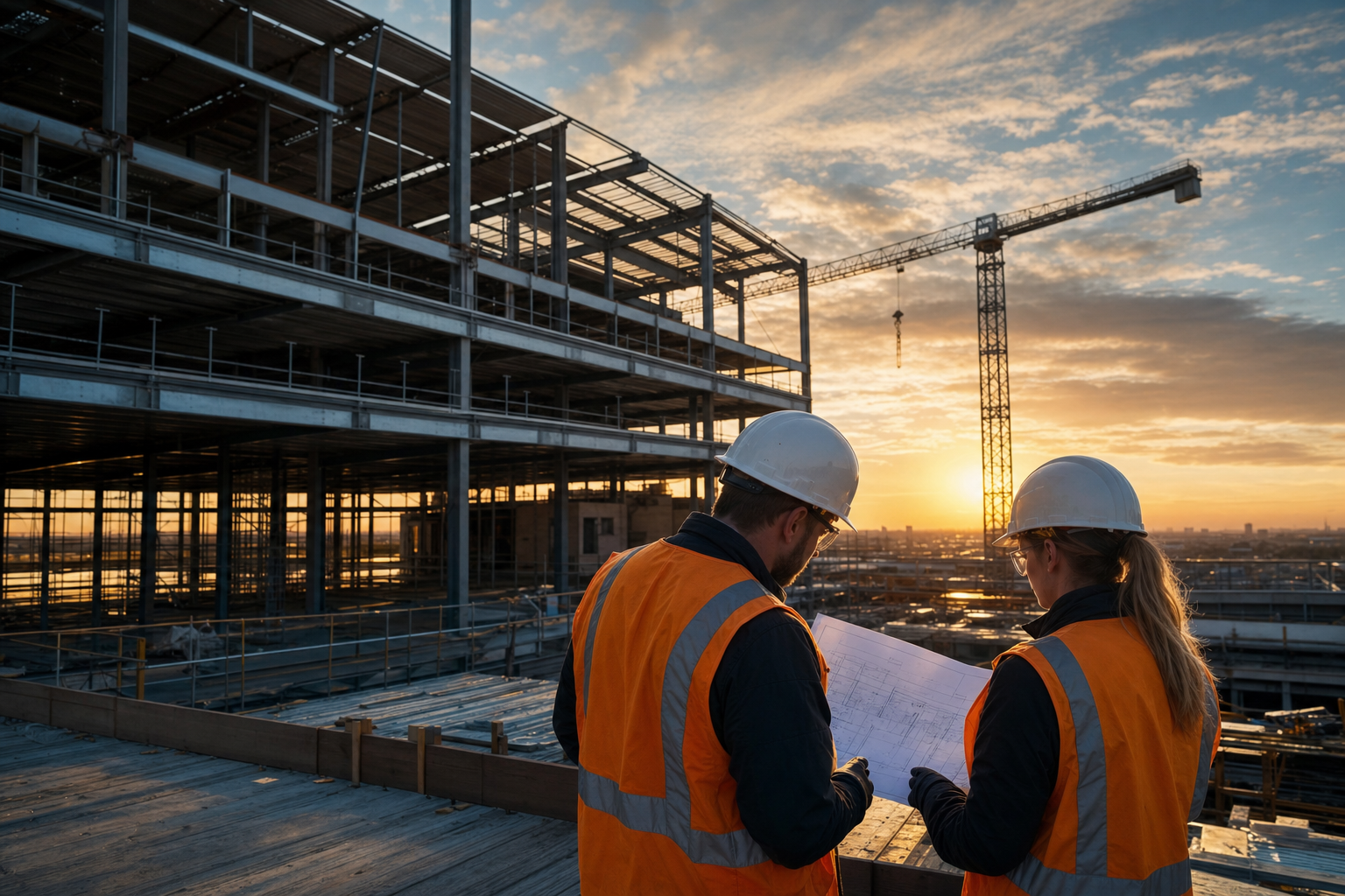 Site engineers reviewing plans on an active steel-frame construction site